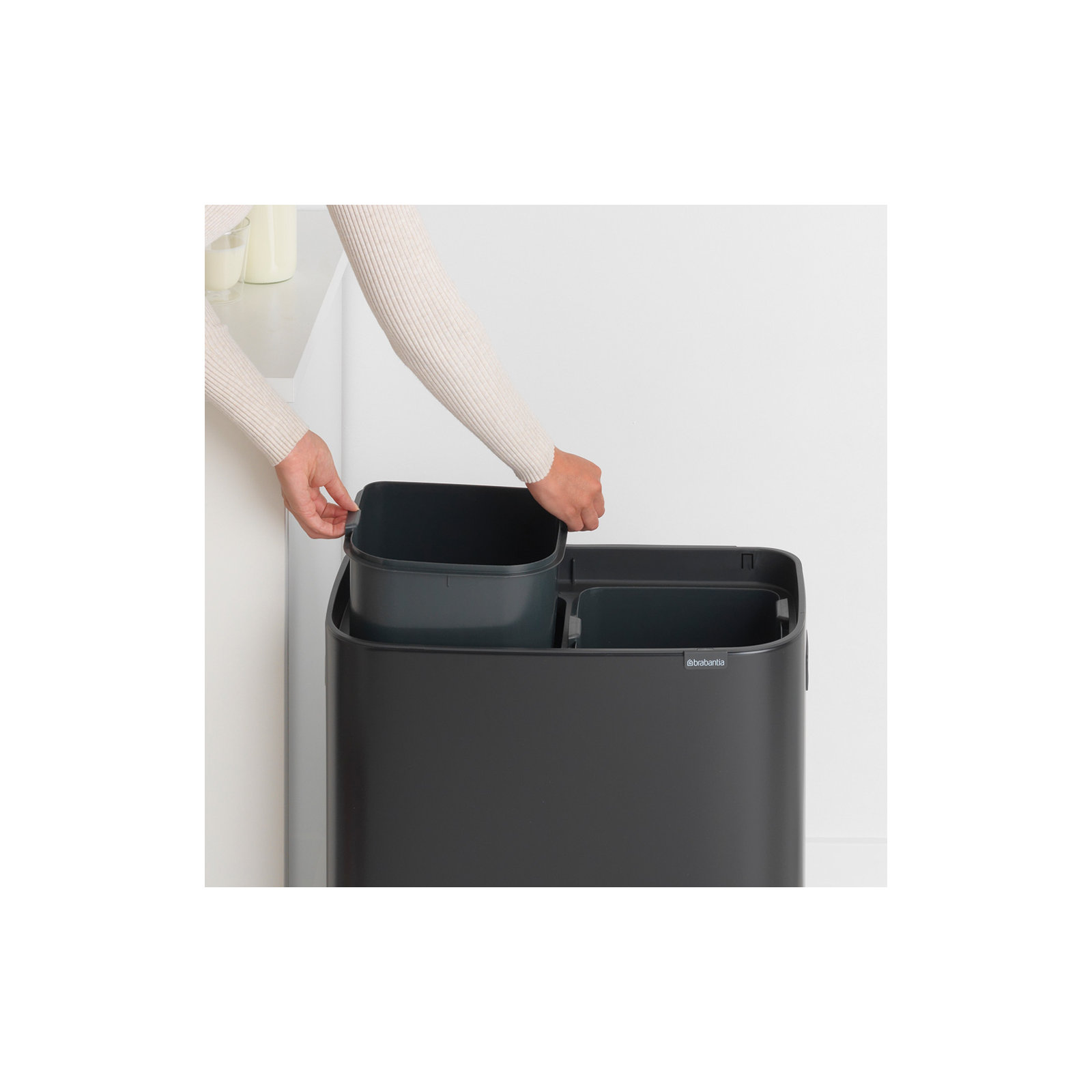 Brabantia Bo Touch Top Dual Compartment Recycling Trash Can, 2 x 8 Gallon (16 Gallon Capacity), Matte Black
