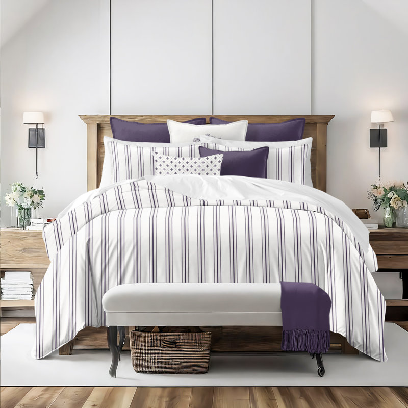 August Stripe Reversible Cotton Duvet Cover Set, Eggplant, Cal.King Duvet Cover + 2 King Shams