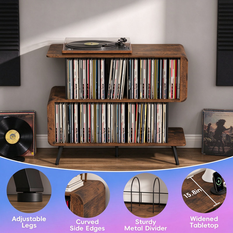Meuble pour platine vinyle avec rangement pour disques, support en forme de S avec prises électriques intégrées et éclairage DEL, meuble stéréo ouvert pour salon