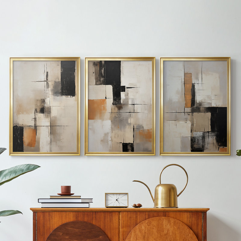 ABSTRACT Series CCCCLXIV - Toile tendue avec châssis sur mesure - 3 pièces, H 21 po x l 30 po, Doré