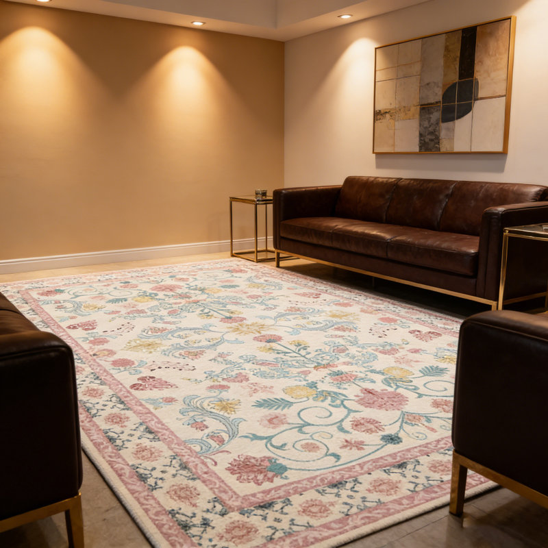 Pink Floral Area Rug for Living Room, Low Pile Throw Rugs with Rubber Backing, Performance Rug for Bedroom, Dining Room, Modern Rug for Home Decor, Washable Indoor Outdoor Rugs, Ideal For High Traffic Areas, Best Gift for Christmas Halloween