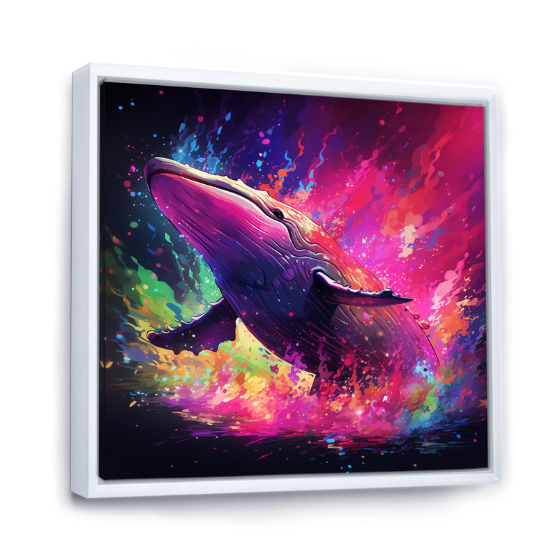 Abstrait baleine colorée - Art mural baleine, Cadre flottant blanc, 30" H x 30" W