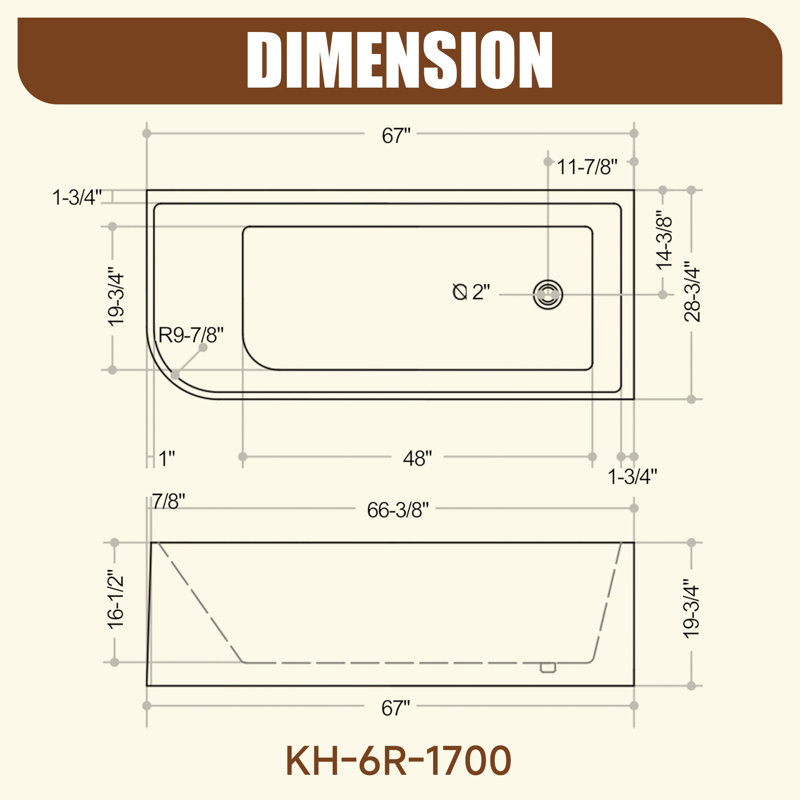 KDK HOME 67” Freestanding Bathtub, Alcove/Back to Wall Acrylic Soaking Tubs with Overflow, Right