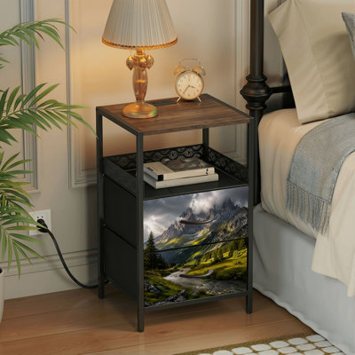 2 Drawers Nightstand with Charging Station, Bedroom Nightstand with USB Ports &amp; Outlets Open Shelf Black, night stand with Majestic Mountain Landscape Dramatic Clouds Sunlit Valley Print