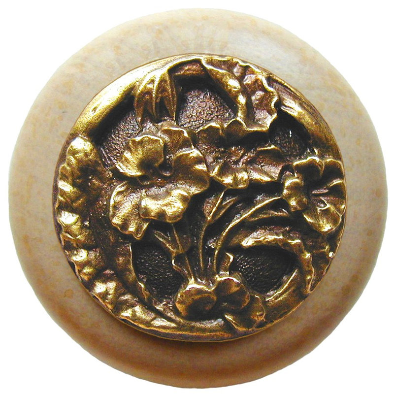 Floral 1.5" Diameter Mushroom Knob, Antique Brass / Natural Wood