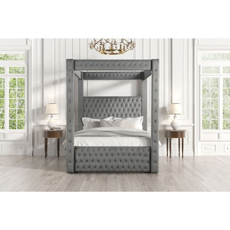 Lit à baldaquin entièrement rembourré avec audio Bluetooth et chargement USB, King, Grey