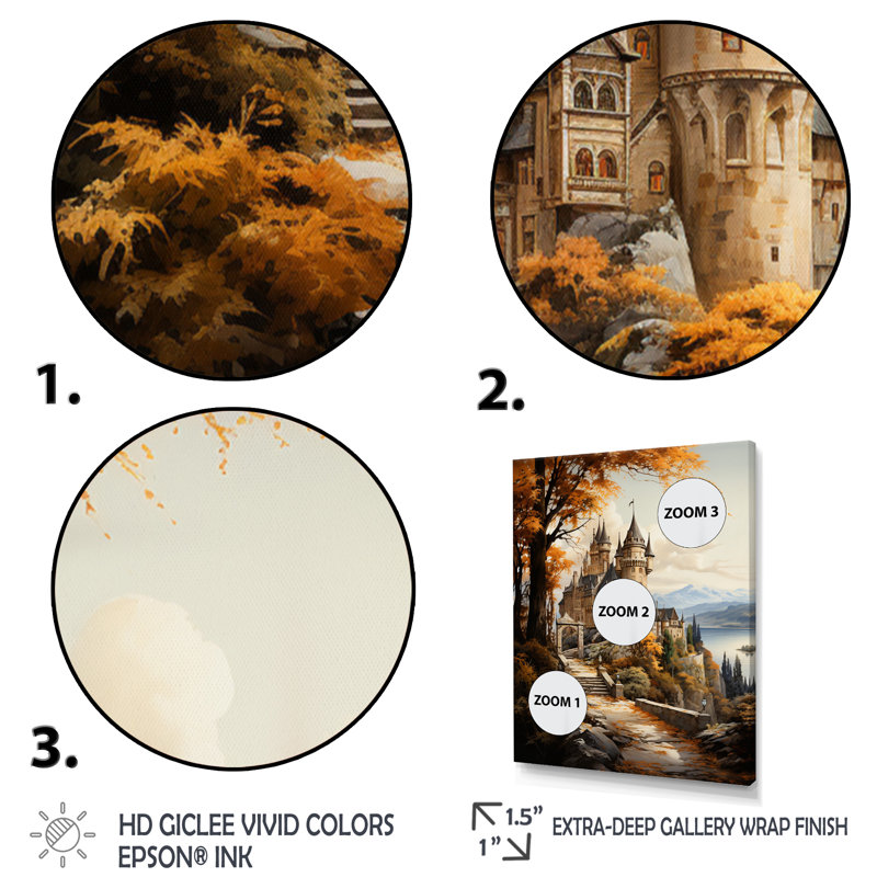 Hykeham Castles Majestic Fortress Golden II - reproduction sur toile, H 32 po x l 24 po x P 1 po, Cadre flottant noir
