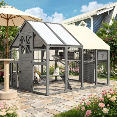 Extra Large Walk-In Catio Outdoor Enclosure, Weatherproof Cat Run Cage with PVC Roof, Bridges, Platforms & Resting Boxes