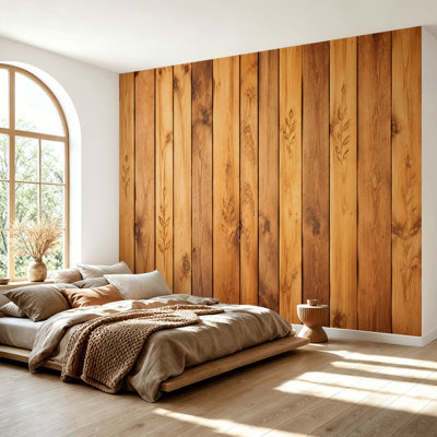 Wall Mural Peel and Stick Wallpaper Natural Wooden Plank Warm Brown Grain Rustic Vertical Timber Self-Adhesive Removable Contact Paper Wall Decor for Living Room Bedroom 69"H x 96"W