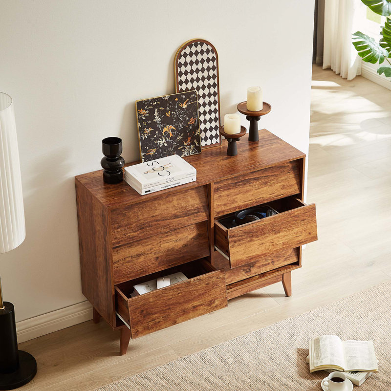 6 Drawer Double Dresser Features Vintage-Style And Bevel Design, Brown