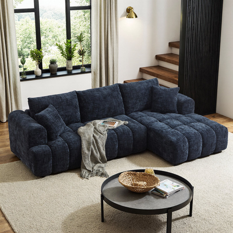 Luxury Chenille L-Shape Sectional Sofa, Dark Blue, 4-Seater Sleeper Couch, Minimalist Design, No Assembly, Dark Blue