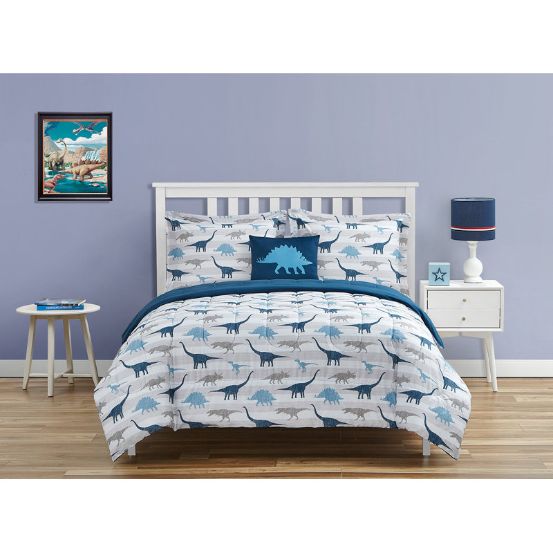 ALEX + BELLA Dino Chambray Dark Blue Microfiber Comforter Set, Full Comforter + 2 Shams + 1 Throw Pillow