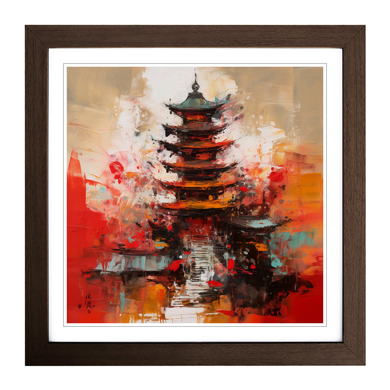 Pagoda Abstract Expressionism No.1 - Single Picture Frame Print on Wood, Walnut