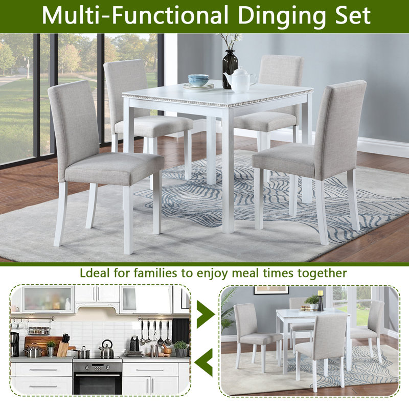 Ensemble de table de salle à manger en bois 5 pièces, ensemble de table de cuisine avec une table carrée et 4 chaises rembourrées, table de salle à manger en bois avec décoration en cristal et ensemble de chaises pour la cuisine, la salle à manger.