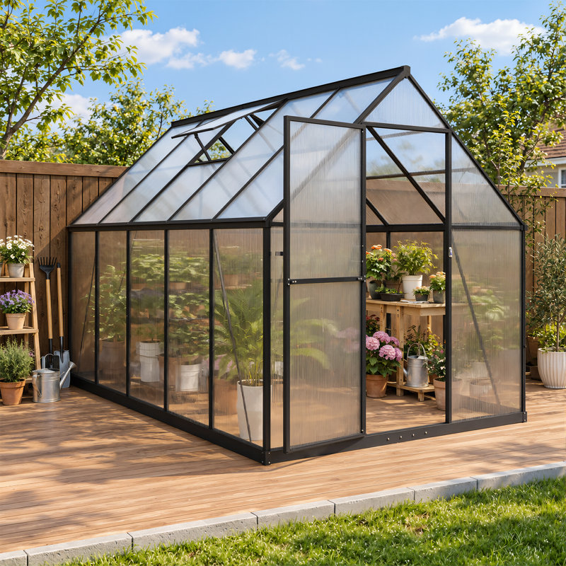 Serre de jardin en aluminium et polycarbonate de 1,8 m de large x 3 m de profondeur, avec 2 aérations de toit réglables et structure noire, idéale pour l'extérieur.