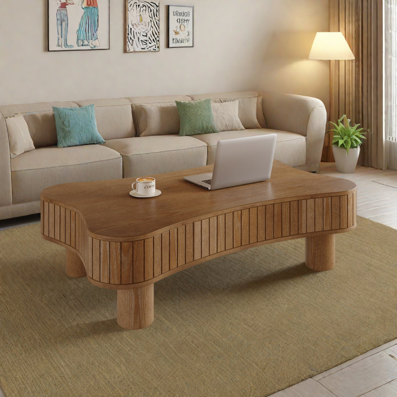 Table basse avec rangement caché et système de levage hydraulique silencieux, Bois naturel