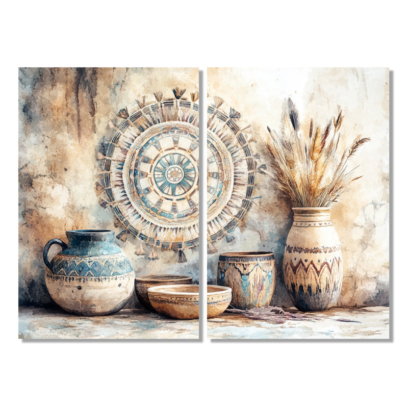 Art de la poterie Serenity - art mural traditionnel bleu et brun 2 pièces, H 36 po x l 48 po, Toile tendue, Ne s’applique pas