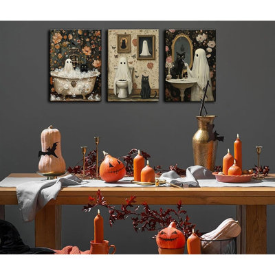 Ensemble de 3 toiles décoratives d'Halloween sur toile – Fantôme effrayant et chat noir, style Dark Academia