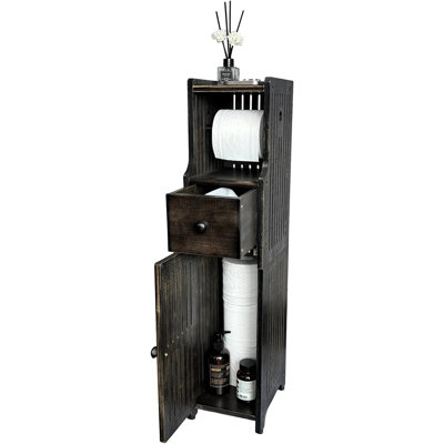 Porte-papier hygiénique sur pied en bambou - noir rétro, armoire de salle de bain mince avec tiroir de rangement, étagère et lingettes