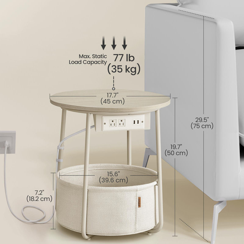 Side Table With Charging Station, Cream White
