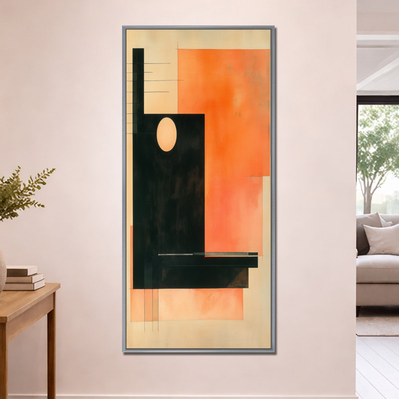 Géométrie du Soleil Ambré I - Tableau sur toile de style moderne du milieu du siècle, H 60 po x l 28 po, Encadrement argenté