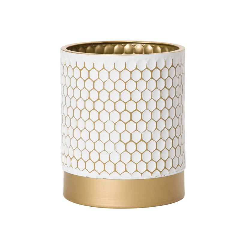 White and Gold Honeycomb Metal Waste Basket with Base