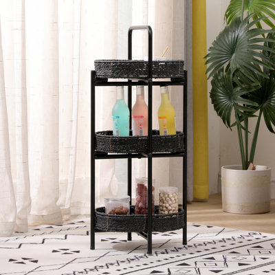 Small Handwoven Side Table 3-Tier Storage Organizer - Portable Black Metal Accent Table for Living Room, Bedroom, Kitchen & Outdoor Picnic