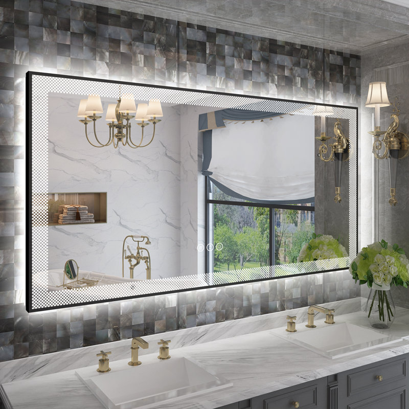 Aevar Checkerboard Framed Super Bright Front & Back LED Lighted Anti-Fog Tempered Glass Bathroom/Vanity Mirror with ETL & 3-Year Warranty