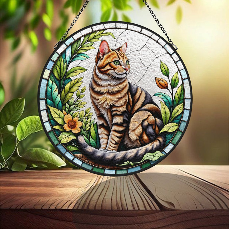 Vitrail tigre chat feuillage vitrail panneaux Suncatcher pour décoration de fenêtre, 3,5 x 3,5 po (9 x 9 cm)