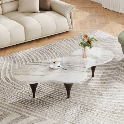 54.8" Modern White Sintered Stone Top Coffee Table with Three Brown Legs, Cloud Living Room Table for Living Room, Office