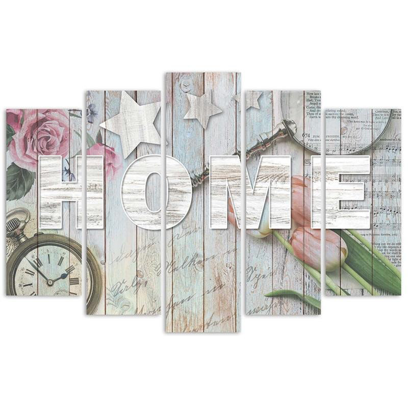 Home Wooden Inscription Flowers - 5 Piece No Frame Print on Canvas, 100cm H x 200cm W