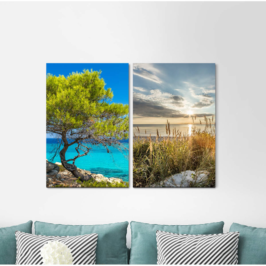 2-tlg. Leinwandbilder-Set - Fotografie "Griechenland Santorini Palms South Mediterranean Dream Vacation Red Sky"