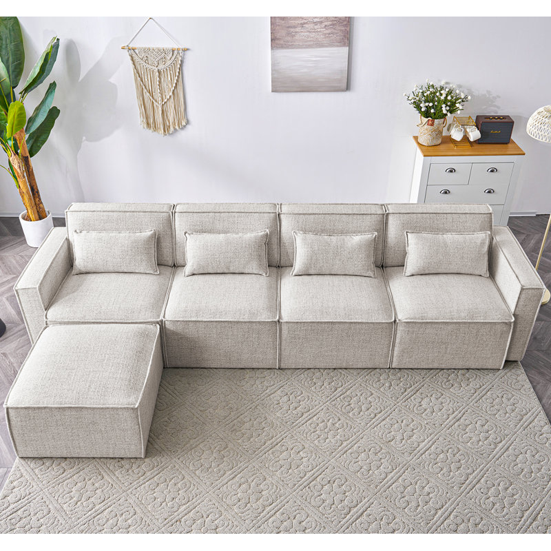 Canapé modulaire rembourré 5 pièces Taufner, 100 % lin beige