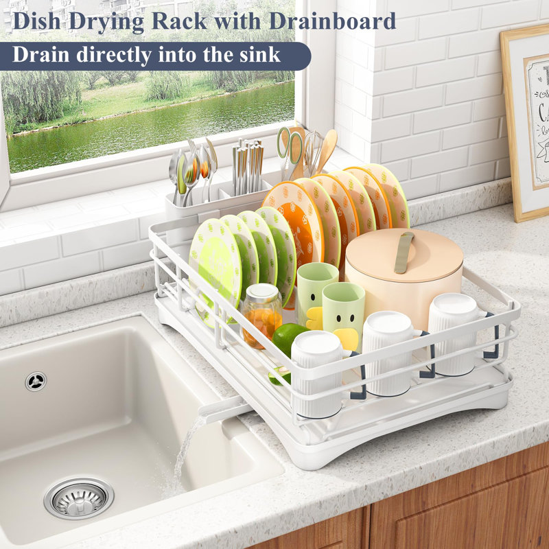 Dish Drying Rack - Stainless Steel Dish Rack For Kitchen Counter, Large-Capacity Dish Drainer With Cutlery Holder, Kitchen Organizer For Dishes, Spoons And Forks, White