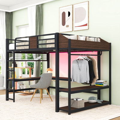 Lit mezzanine en métal avec bureau en L, lumière DEL, ports de chargement et tablettes