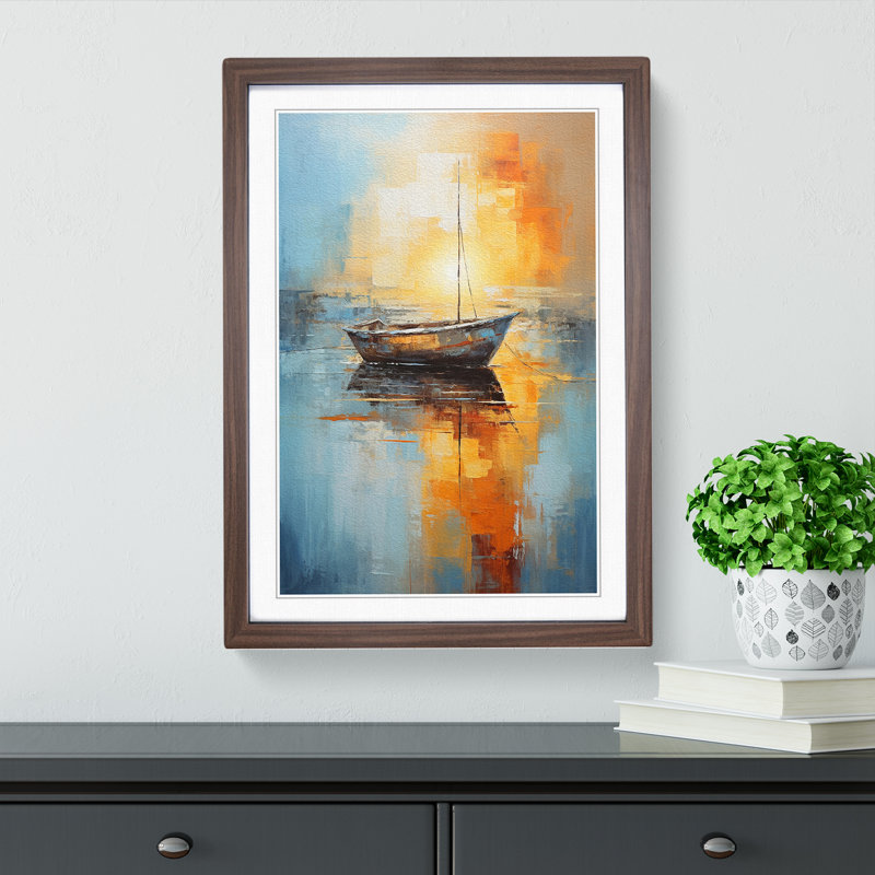 Boat on a Lake Abstract Art - Framed Print, Walnut Framed, 64cm H x 46cm W x 2cm D