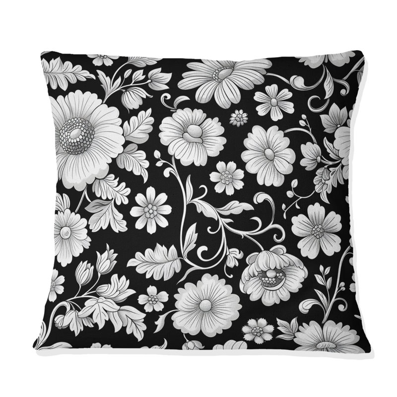 Coussin décoratif noir et blanc à motif floral Blooms I, H 16 po x l 16 po
