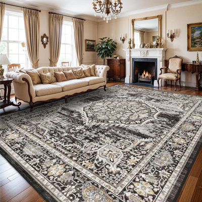 Tapis lavable 10 x 14: grands tapis pour le salon - tapis à motif floral délavé imprimé oriental - antidérapant avec envers en caoutchouc noir 10 pi x 14 pi