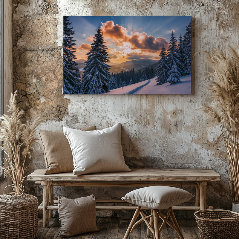 Toile, "Un paysage d'hiver serein avec de grands arbres à feuilles persistantes recouvertes d'art mural", H 30 po x l 30 po