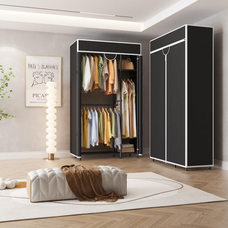 Heavy Duty Portable Wardrobe Closet Organizer with Cover – Adjustable Carbon Steel Clothes Rack – Supports 720lbs – Freestanding Clothes Storage System – Black
