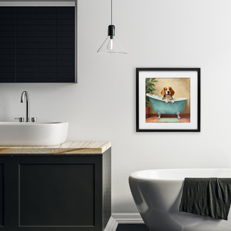 «Bubble Bath Hound», reproduction sous verre encadrée par Kim Allen, H 13 po x l 13 po, Cadre noir minuit