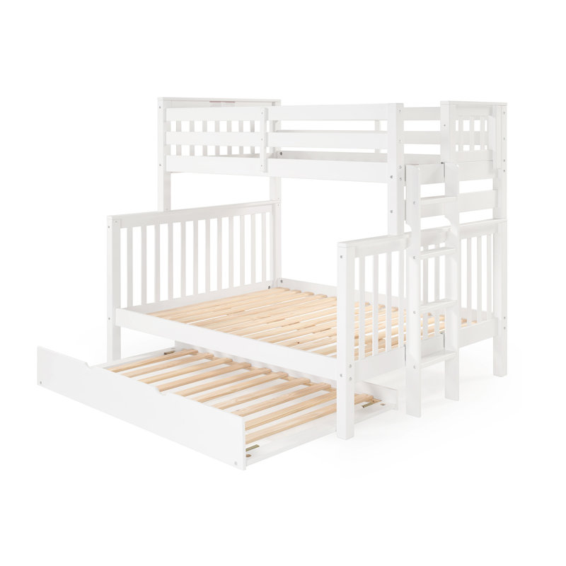 Treva Solid Wood Standard Bunk Beds Twin over Full, 4 Step Ladder, Twin Trundle, White, White