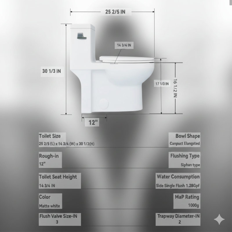 Toilette allongée une pièce avec un système de chasse d'eau au vortex de 1,28 GPF, une opération de pression latérale siphonique à simple chasse, un siège de chaise à hauteur confortable ADA de 17 pouces, un siège à fermeture douce et un score de performance de chasse d'eau de 1000 g sur fond blanc brillant.