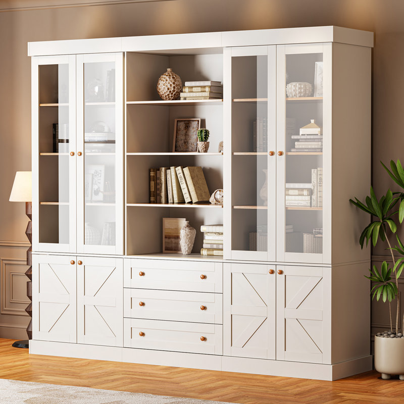 Rylay Storage Bookcase & 2 Glass Door Cabinets with 1 Open Storage &  3 Drawer, White
