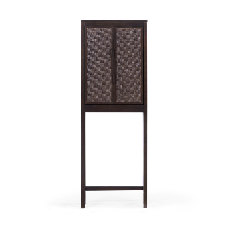 Rangement pour salle de bain moderne avec portes incrustées en rotin, tablettes réglables et structure en bois massif Boho