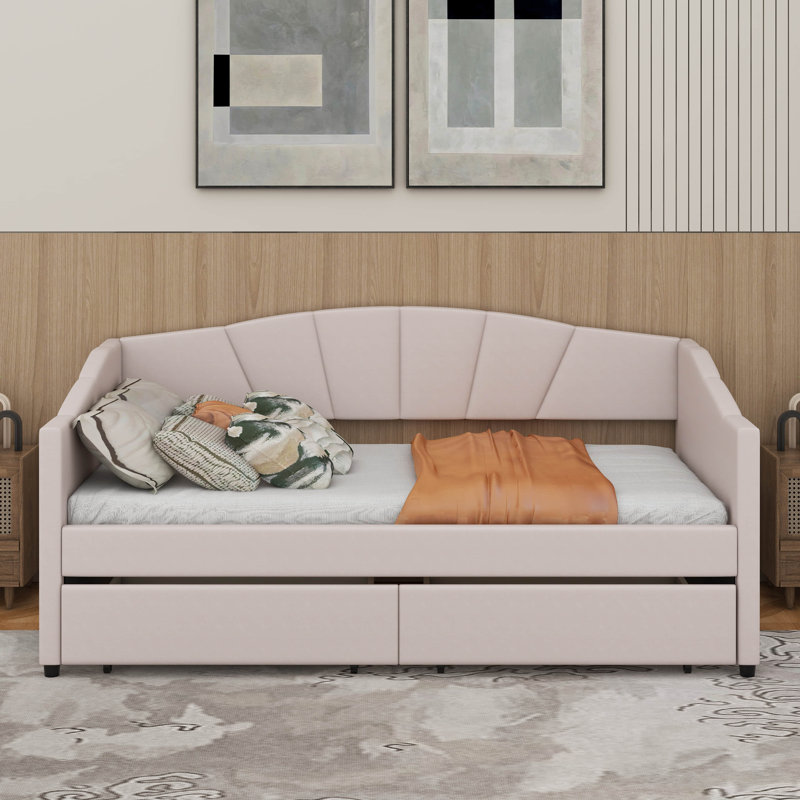 Twin Size Upholstered Daybed With Two Drawers, Beige