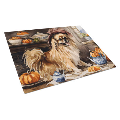 Tibetan Spaniel Fall Kitchen Pumpkins Glass Cutting Board Large