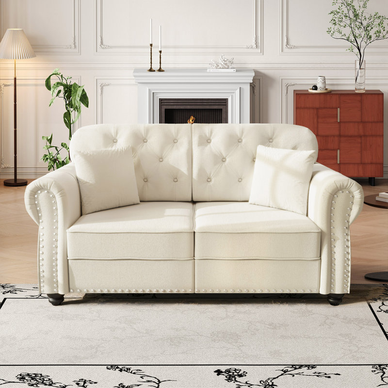 Canapé Mid-Century moderne en velours avec garniture cloutée et capitonné, Beige / Blanc
