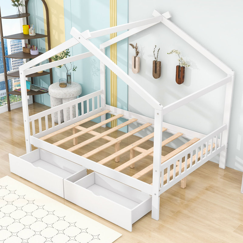 Lit plateforme double en bois avec tiroirs de rangement et structure en forme de maison, Blanc