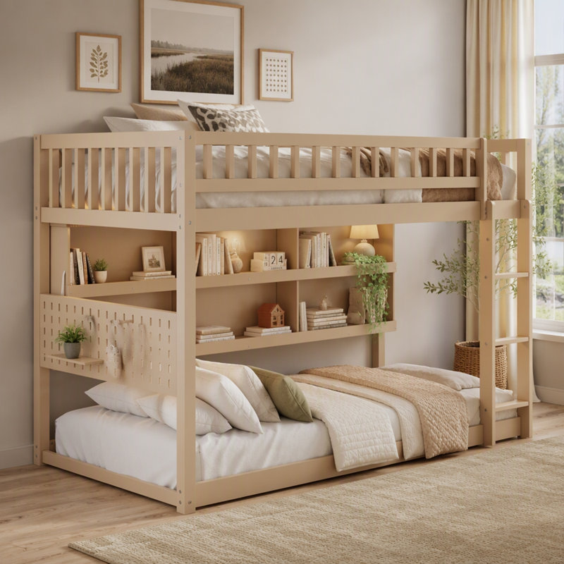Lit superposé simple TG au-dessus de simple TG avec tablettes intégrées, lumières à changement de couleur et panneau perforé, beige